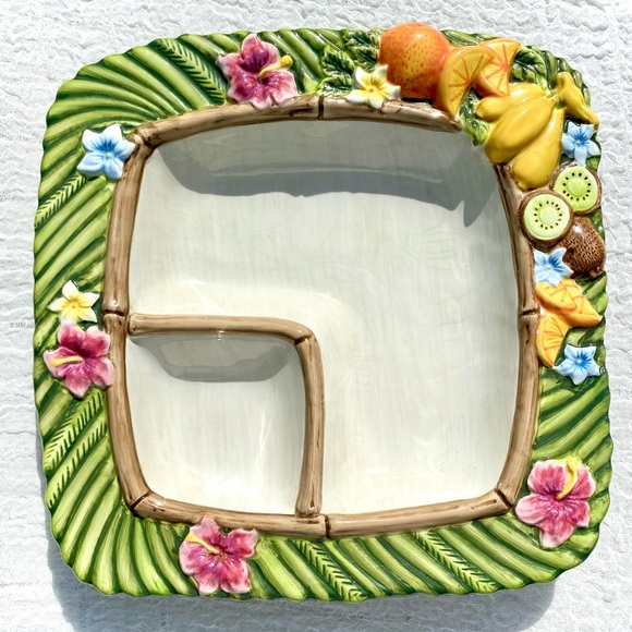 VTG 🏝Tropical Serving  Platter Floral & Fruit Chip Dip Veggie & Dip 🌺🥝🎋🍌🎋. - Picture 10 of 16